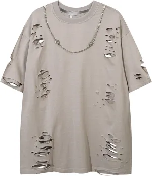 Maiyifu-GJ Men's Vintage Streetwear T-Shirt Fashion Holes Ripped Tee Top Solid Color Over Size Short Sleeve