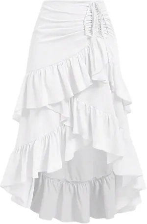 MakeMeChic Women's Ruched Ruffle Hem Tiered High Low Asymmetrical Drawstring Maxi Long Skirts