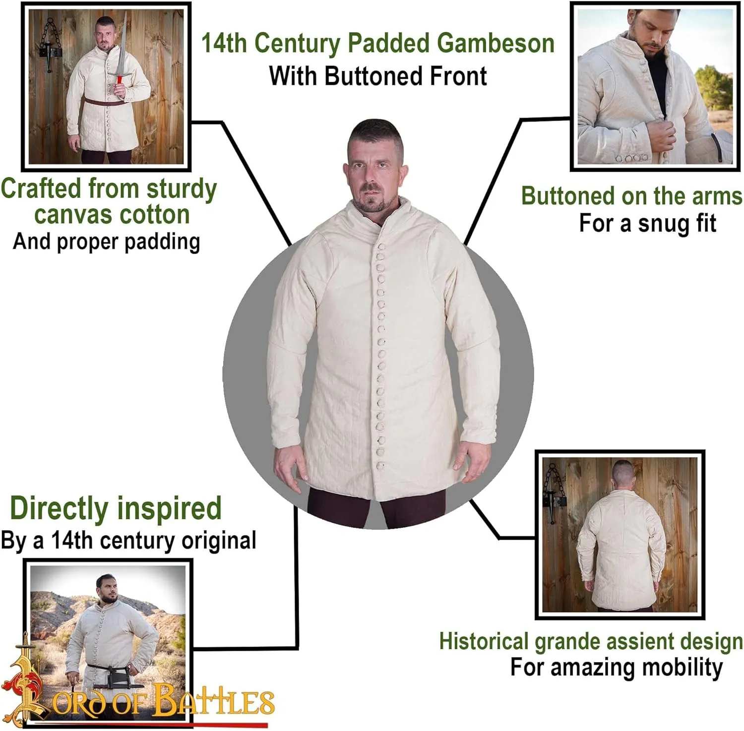 Medieval Gambeson Real Armor Quilted Gambeson with Buttoned Thick Padded Coat Canvas Cotton with Three Layers of Padding