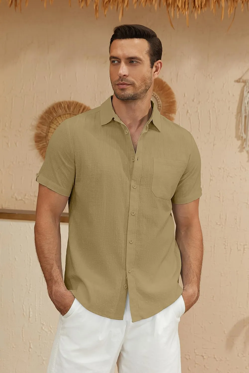 Mens Casual Button Down Shirts Short Sleeve Cotton Dress Shirt