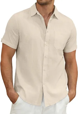 Mens Casual Button Down Shirts Short Sleeve Cotton Dress Shirt