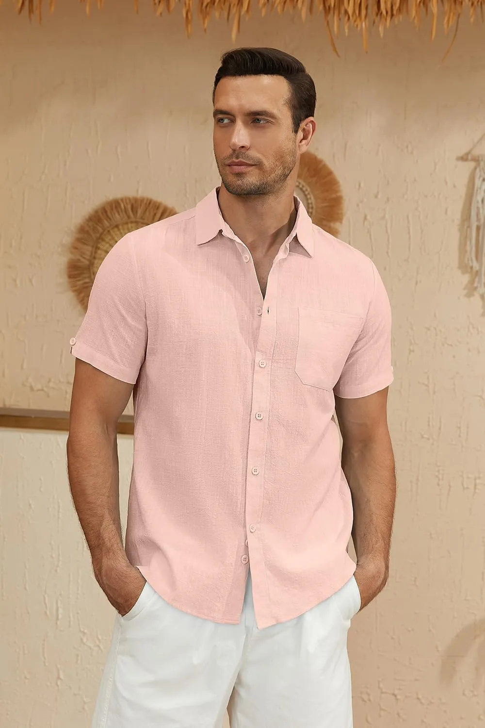 Mens Casual Button Down Shirts Short Sleeve Cotton Dress Shirt