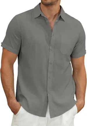 Mens Casual Button Down Shirts Short Sleeve Cotton Dress Shirt