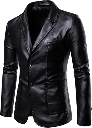 Men's Casual Coat Solid Leather Faux Single Breasted Blazers Jacket Slim Lapel Collar Pocket Warm Motorcycle Suit