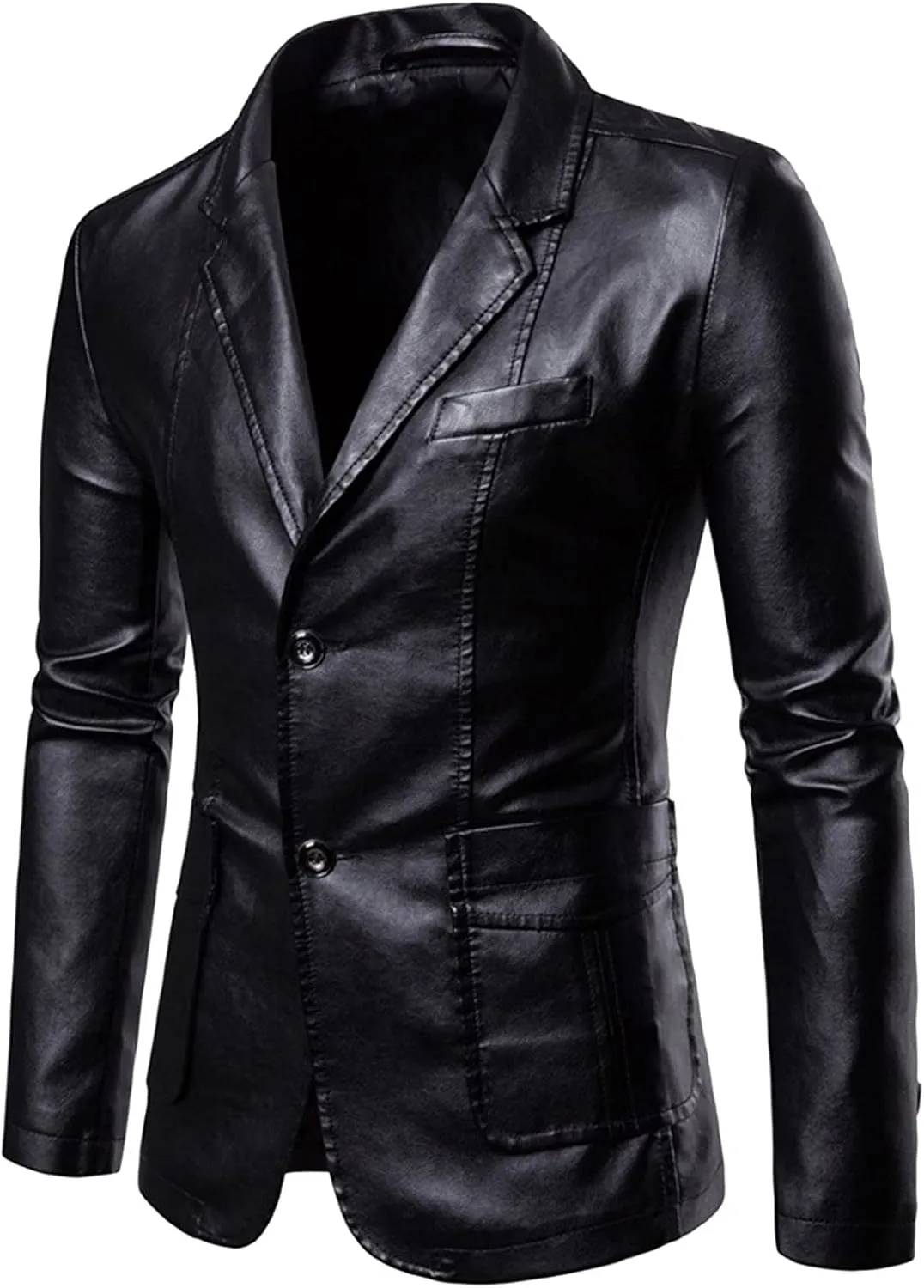 Men's Casual Coat Solid Leather Faux Single Breasted Blazers Jacket Slim Lapel Collar Pocket Warm Motorcycle Suit