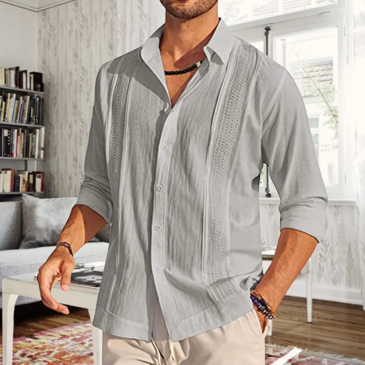 Mens Cotton Linen Long Sleeve Shirt Casual Summer Cuban Guayabera Button Down Solid Lapel Collar Outdoor Shirt Top