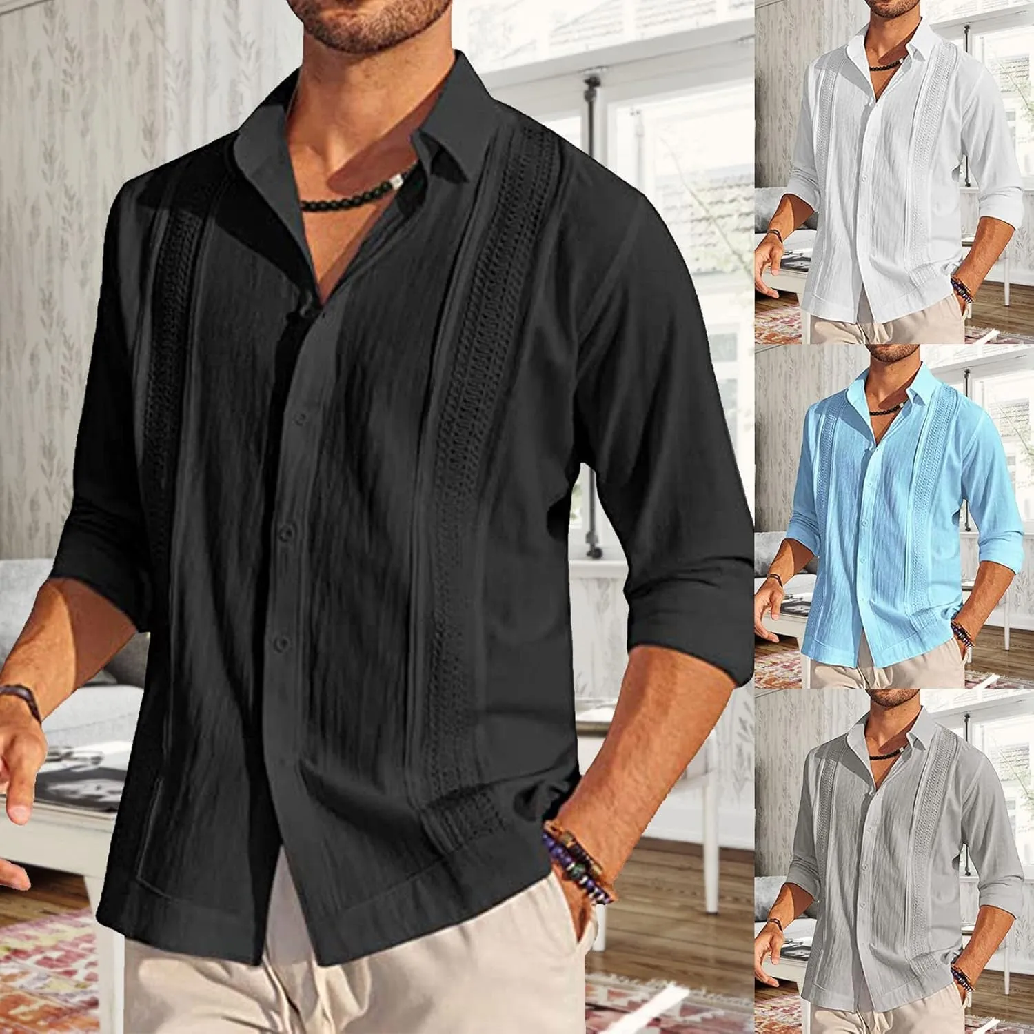 Mens Cotton Linen Long Sleeve Shirt Casual Summer Cuban Guayabera Button Down Solid Lapel Collar Outdoor Shirt Top