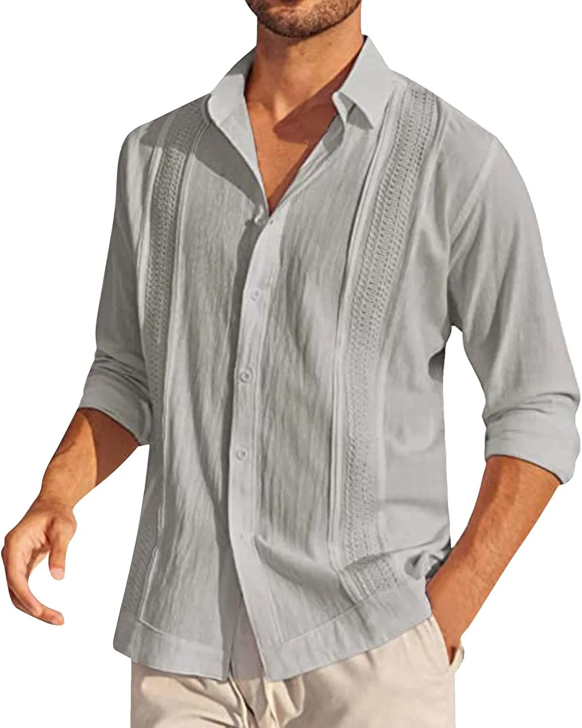 Mens Cotton Linen Long Sleeve Shirt Casual Summer Cuban Guayabera Button Down Solid Lapel Collar Outdoor Shirt Top