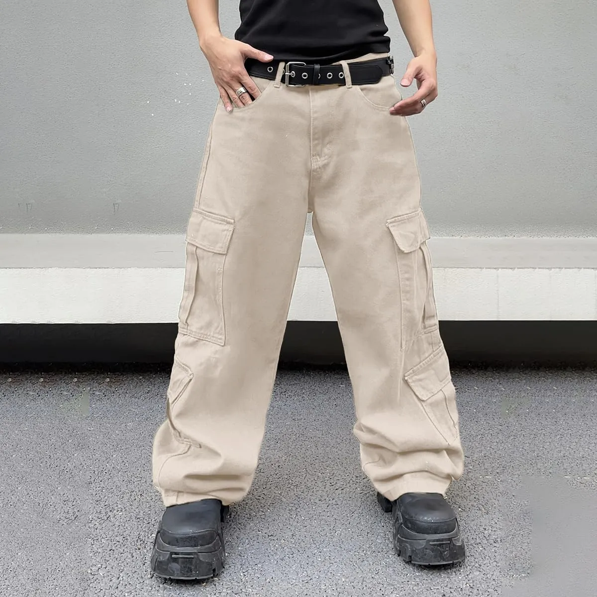 Mens Denim Baggy Pants with Cargo Pockets Mid Weight Casual Streetwear Wide Leg Jeans Hip Hop Skater Trousers