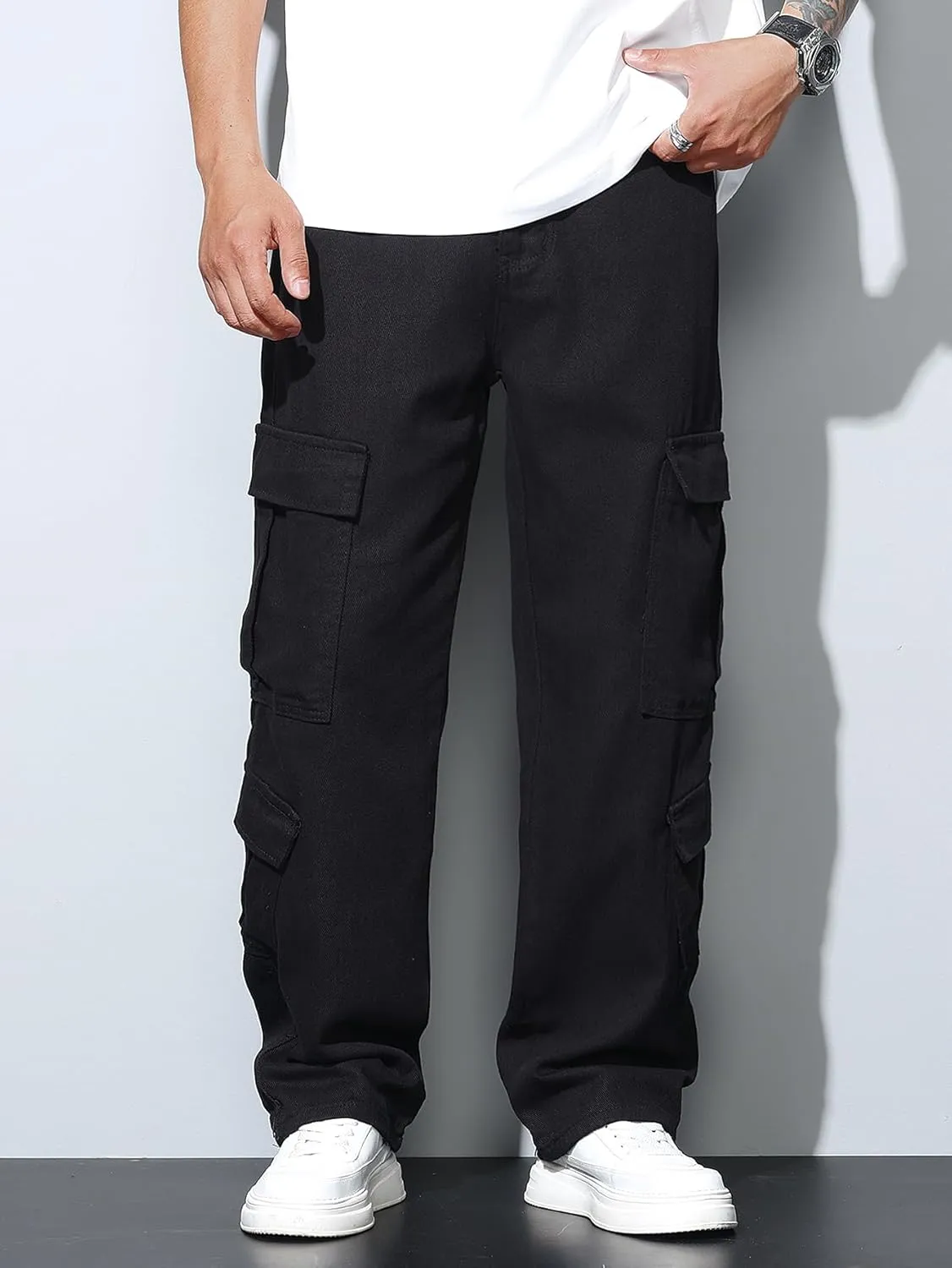 Mens Denim Baggy Pants with Cargo Pockets Mid Weight Casual Streetwear Wide Leg Jeans Hip Hop Skater Trousers