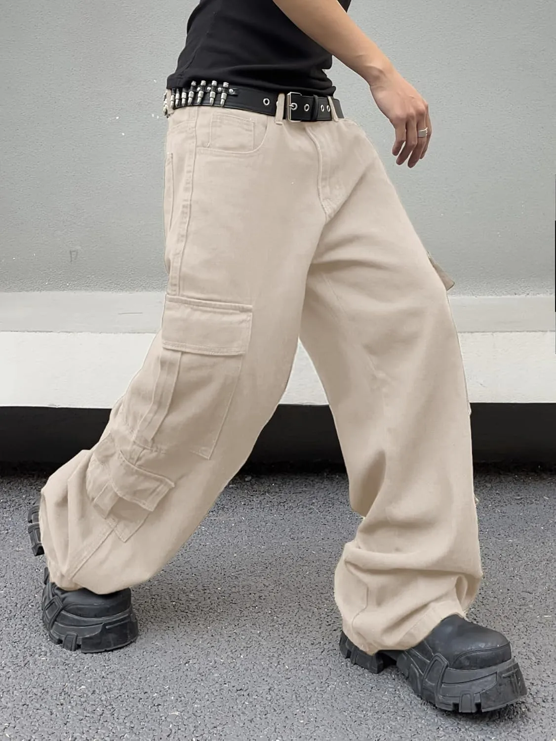 Mens Denim Baggy Pants with Cargo Pockets Mid Weight Casual Streetwear Wide Leg Jeans Hip Hop Skater Trousers