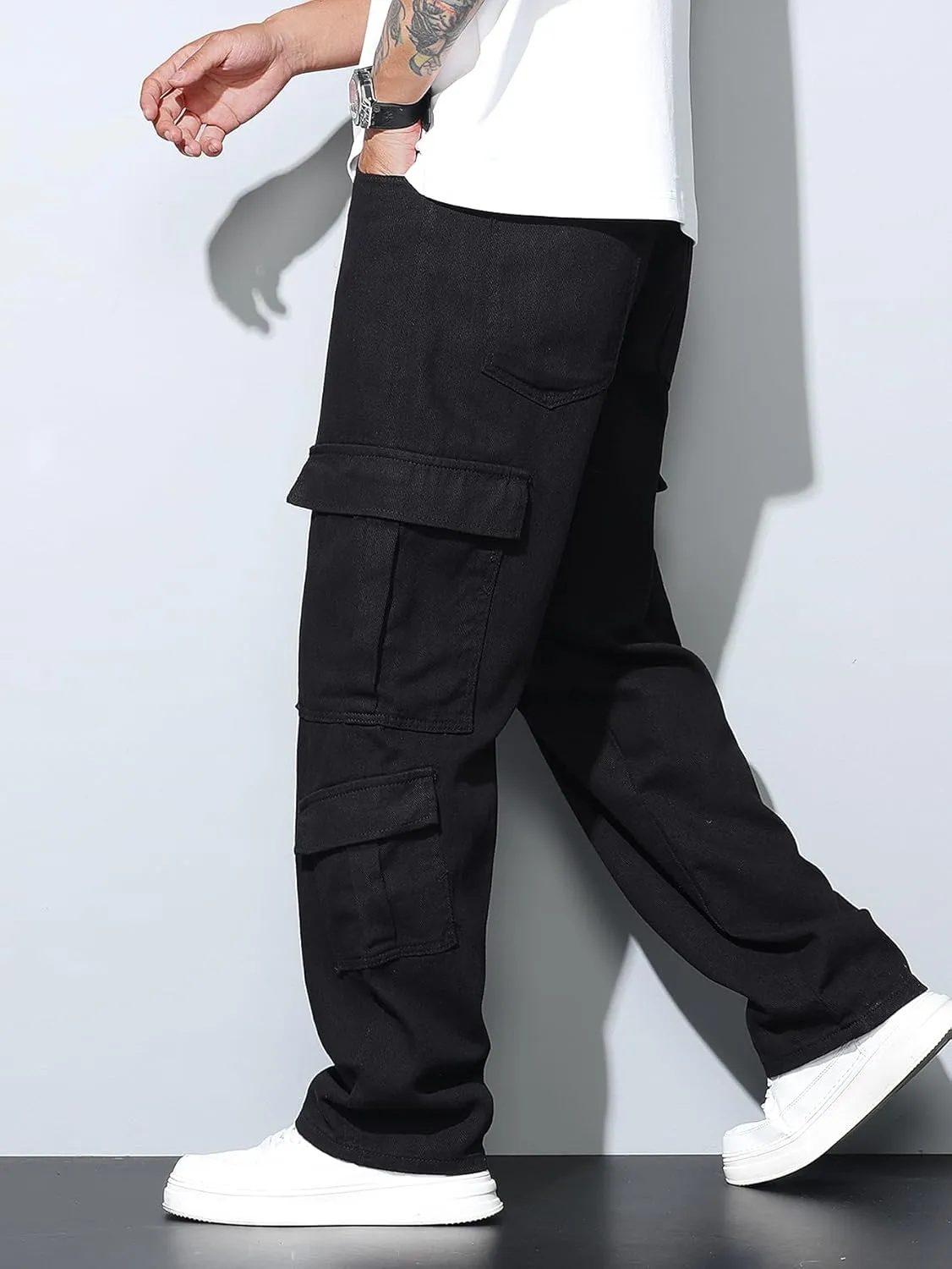 Mens Denim Baggy Pants with Cargo Pockets Mid Weight Casual Streetwear Wide Leg Jeans Hip Hop Skater Trousers