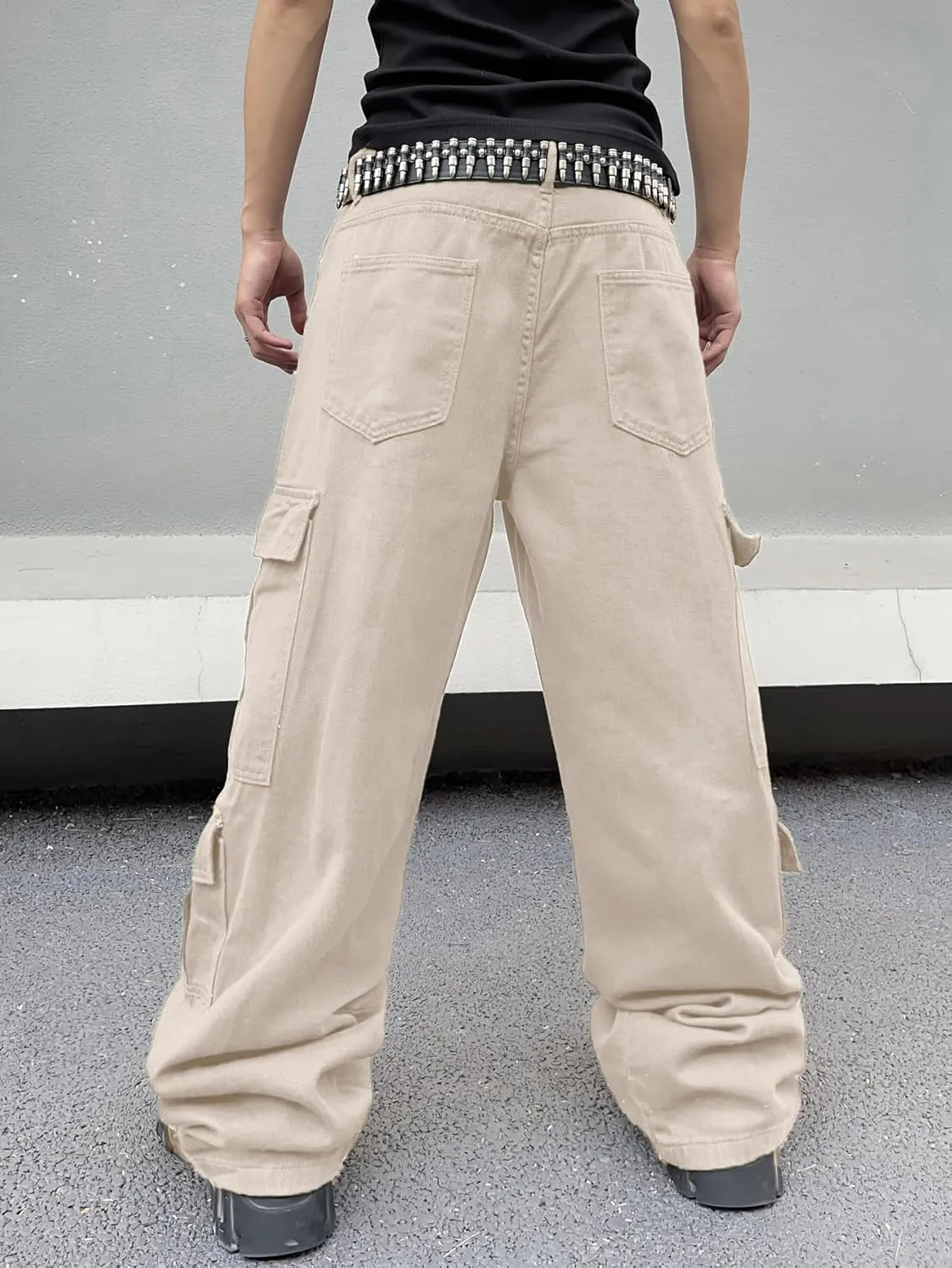 Mens Denim Baggy Pants with Cargo Pockets Mid Weight Casual Streetwear Wide Leg Jeans Hip Hop Skater Trousers