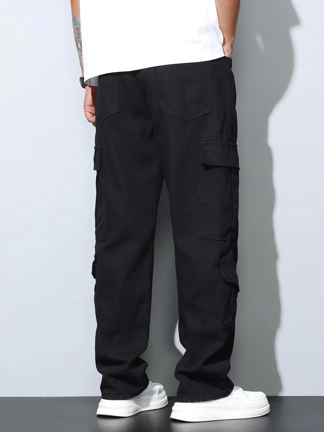Mens Denim Baggy Pants with Cargo Pockets Mid Weight Casual Streetwear Wide Leg Jeans Hip Hop Skater Trousers