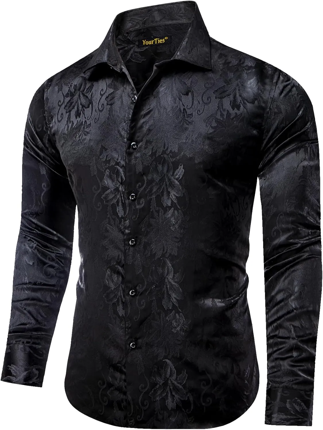 Mens Dress Shirt Silk Long Sleeve Button Up Shirts Retro Floral Tuxedo Shirts for Wedding Party Events