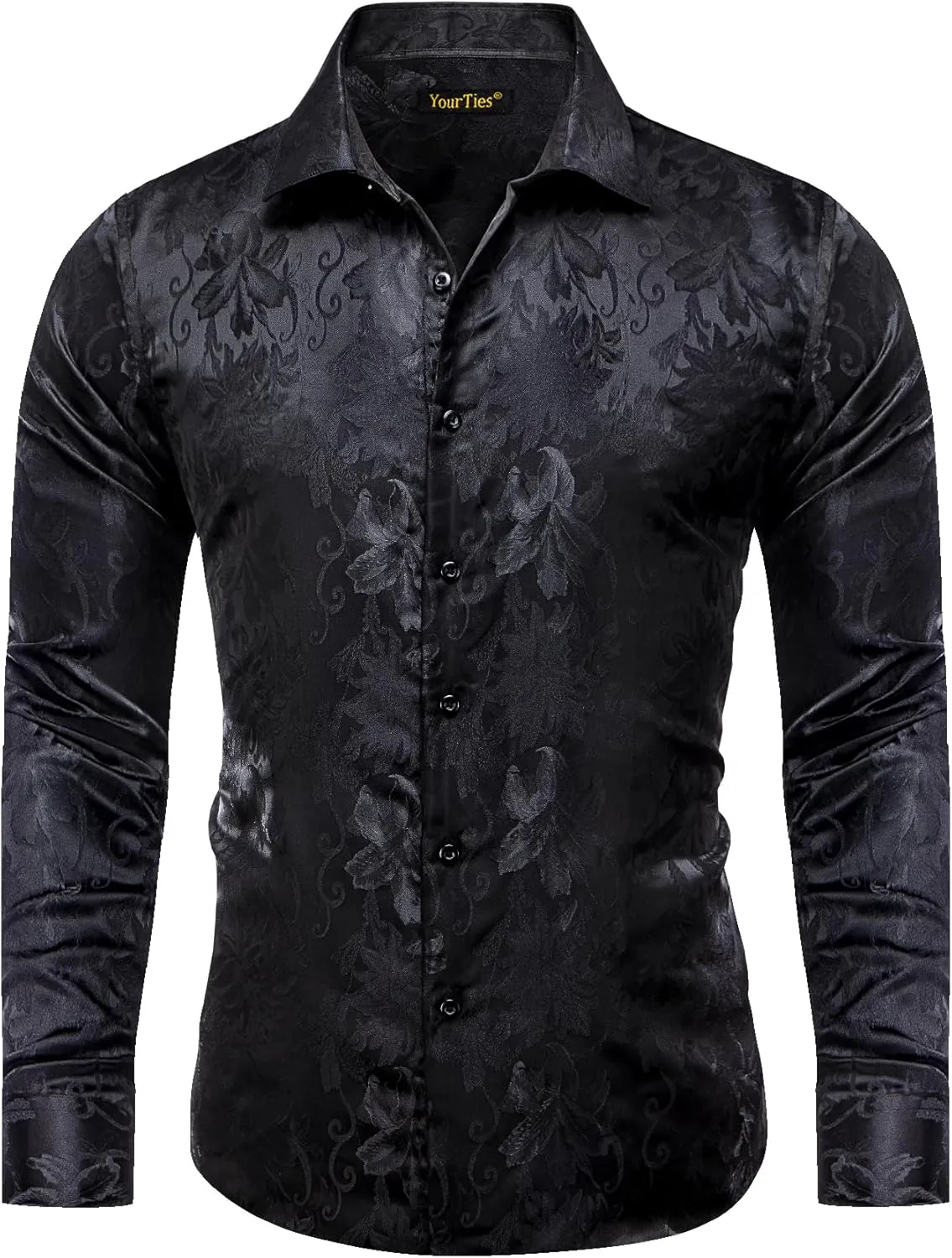 Mens Dress Shirt Silk Long Sleeve Button Up Shirts Retro Floral Tuxedo Shirts for Wedding Party Events