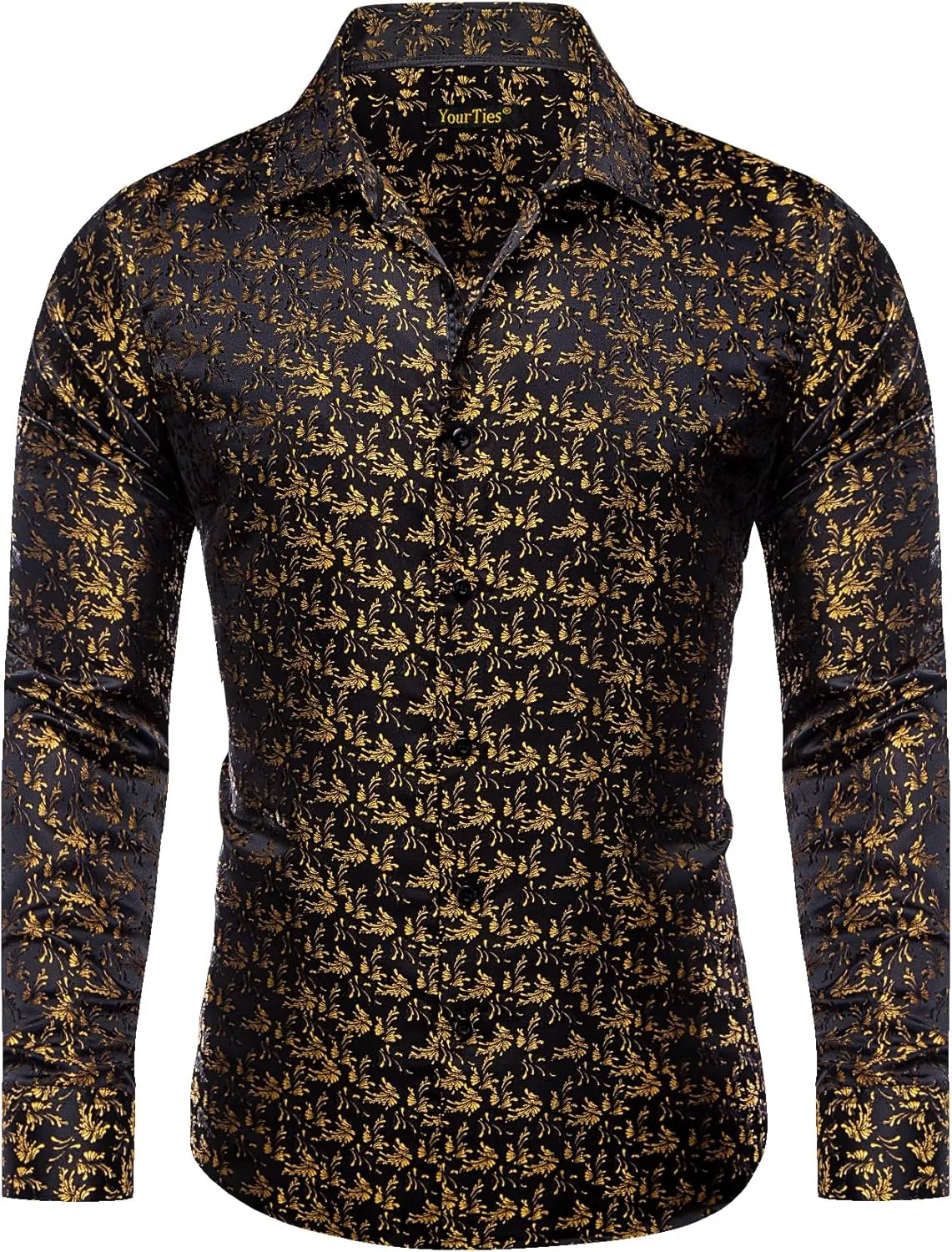 Mens Dress Shirt Silk Long Sleeve Button Up Shirts Retro Floral Tuxedo Shirts for Wedding Party Events