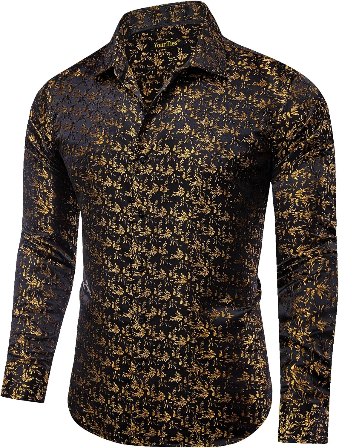 Mens Dress Shirt Silk Long Sleeve Button Up Shirts Retro Floral Tuxedo Shirts for Wedding Party Events
