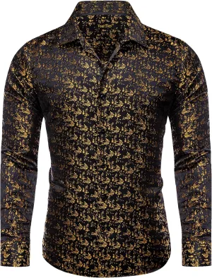Mens Dress Shirt Silk Long Sleeve Button Up Shirts Retro Floral Tuxedo Shirts for Wedding Party Events