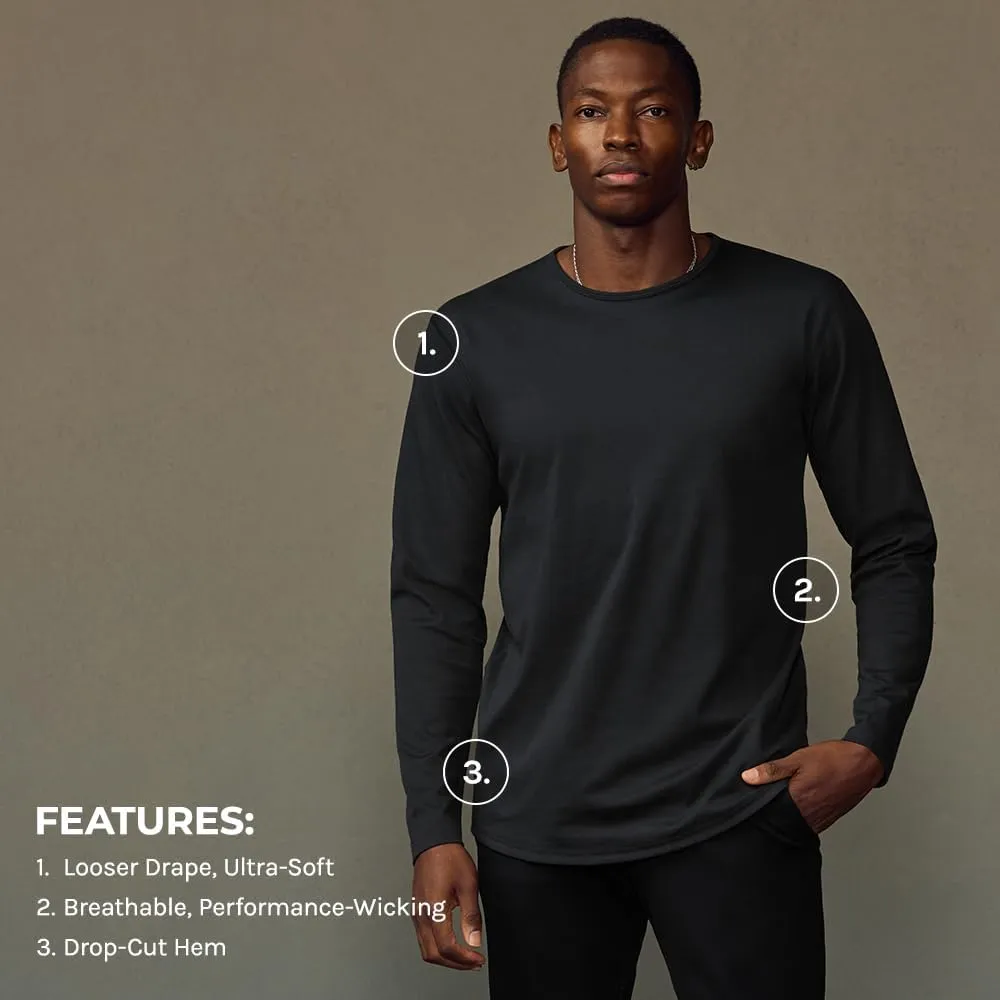 Men's Drop-Cut Long Sleeve  Plain Crewneck Shirt for Men  Soft Polyester, Cotton, Spandex Blend  Wrinkle Resistant