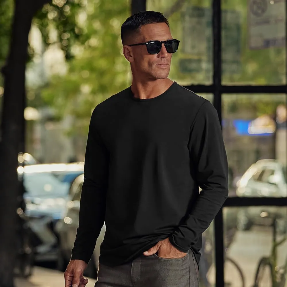 Men's Drop-Cut Long Sleeve  Plain Crewneck Shirt for Men  Soft Polyester, Cotton, Spandex Blend  Wrinkle Resistant