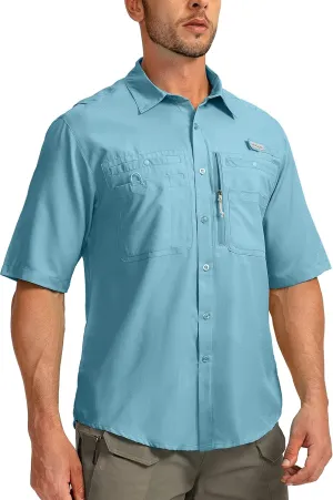Men's Fishing Shirts with Zipper Pockets UPF 50  Lightweight Cool Short Sleeve Button Down Shirts for Men Casual Hiking