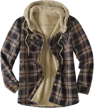 Men's Flannel Shirt Stripe Print Hooded Zipper Pocket Long Sleeve Shirt Patchwork Men's Plaid Hoodie Flannel Jacket