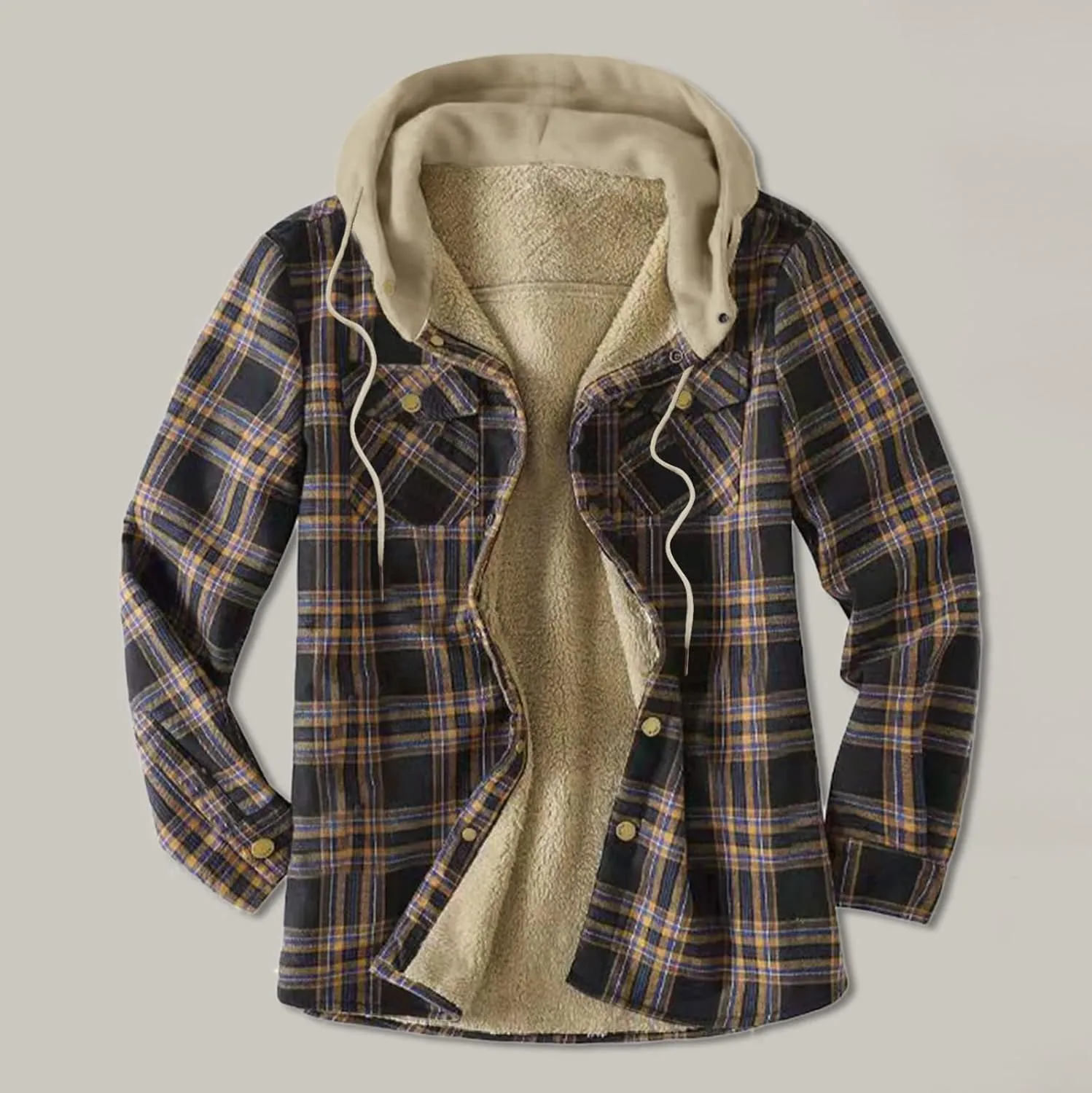 Men's Flannel Shirt Stripe Print Hooded Zipper Pocket Long Sleeve Shirt Patchwork Men's Plaid Hoodie Flannel Jacket