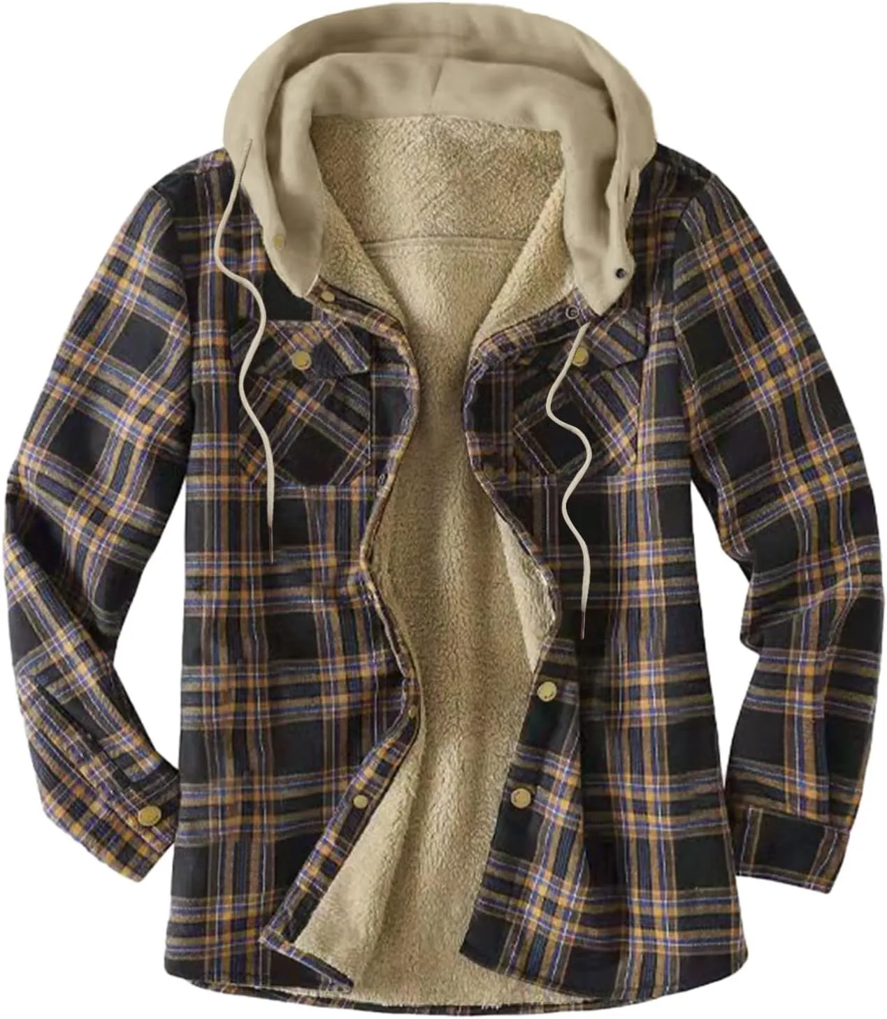 Men's Flannel Shirt Stripe Print Hooded Zipper Pocket Long Sleeve Shirt Patchwork Men's Plaid Hoodie Flannel Jacket