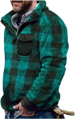 Men's Flannel Shirt Stripe Print Hooded Zipper Pocket Long Sleeve Shirt Patchwork Men's Plaid Hoodie Flannel Jacket