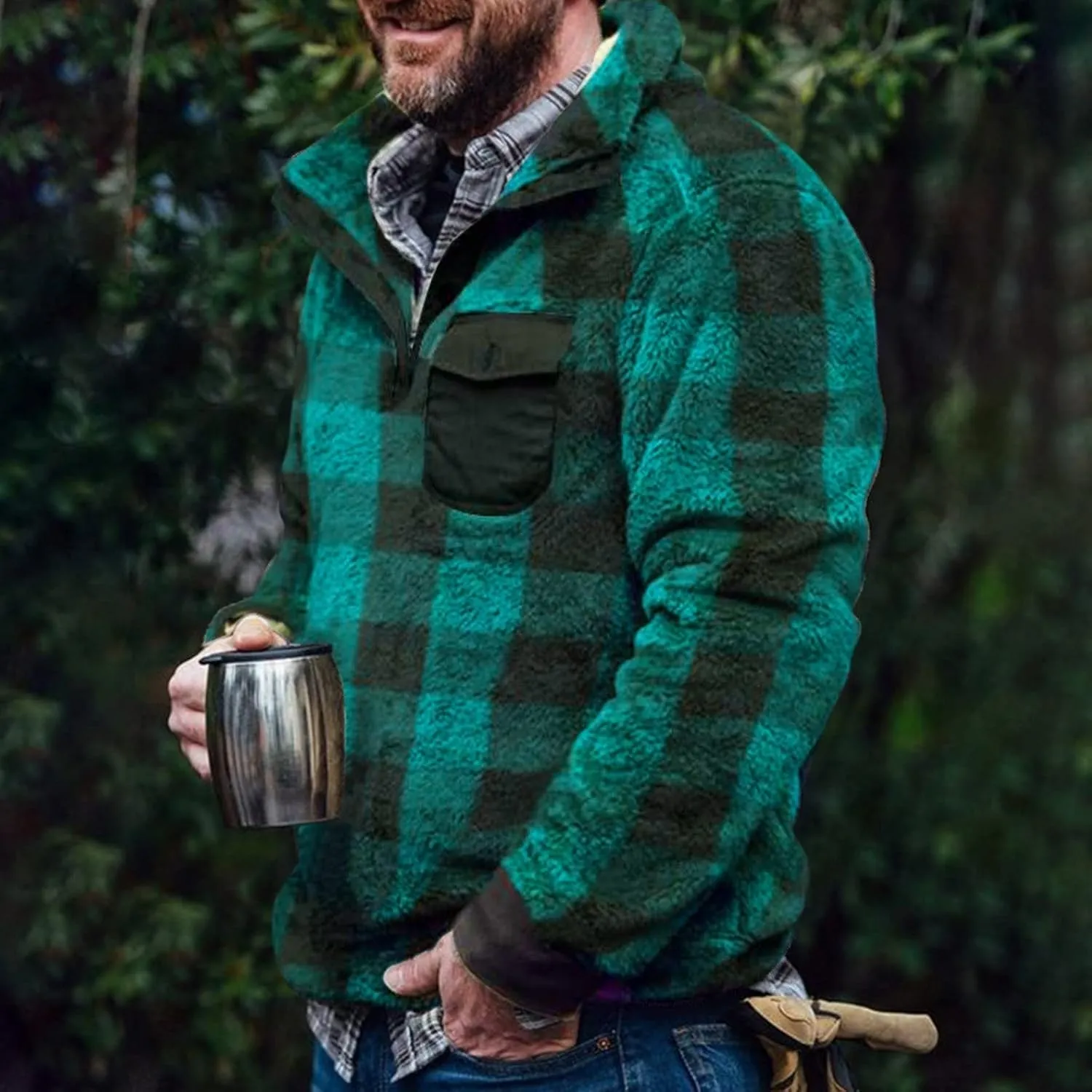 Men's Flannel Shirt Stripe Print Hooded Zipper Pocket Long Sleeve Shirt Patchwork Men's Plaid Hoodie Flannel Jacket