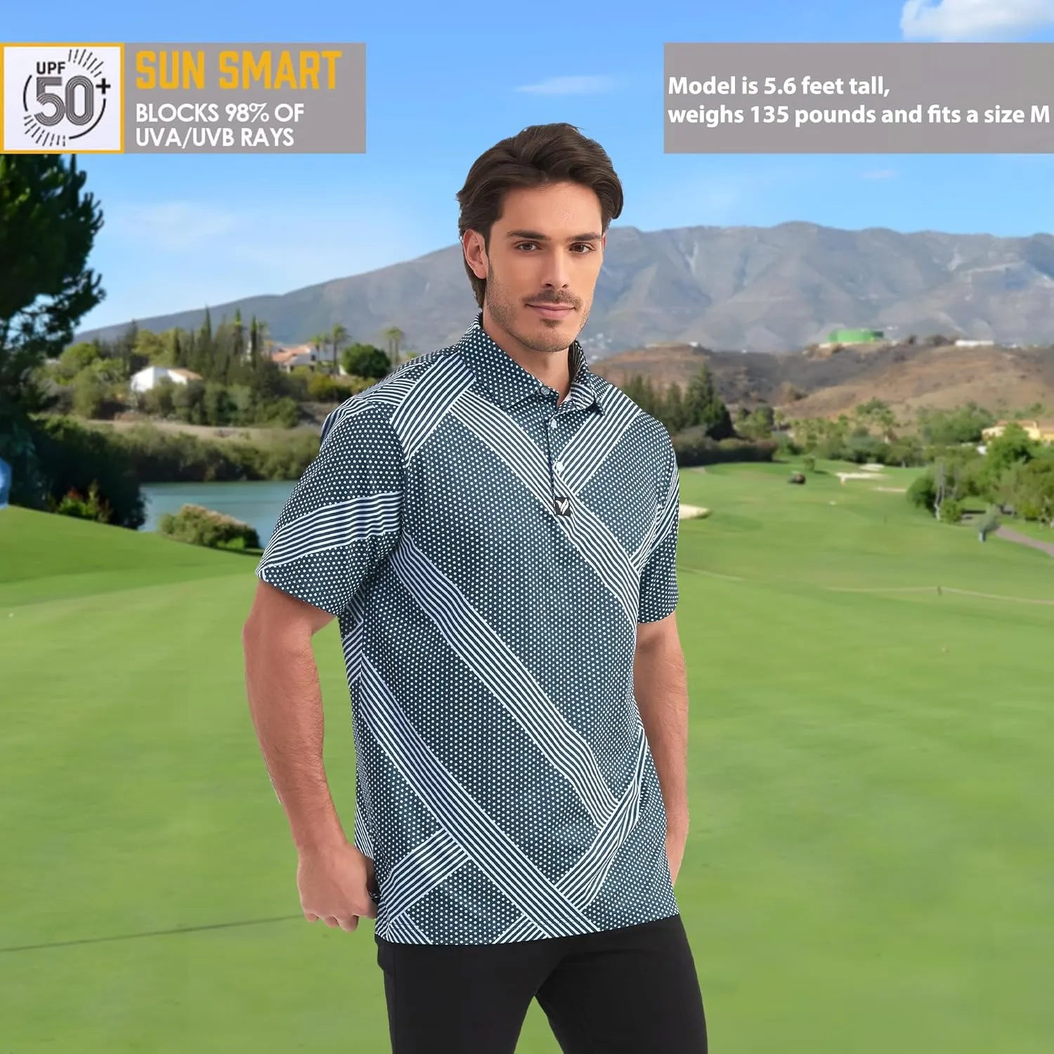 Mens Golf Polo Shirts Short Sleeve Dry Fit Performance Moisture Wicking Casual Print Collared Golf Shirts for Men
