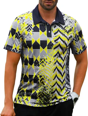 Mens Golf Shirts Short Sleeve Print Gradient Moisture Wicking Quick Dry Performance Polo Golf Shirt