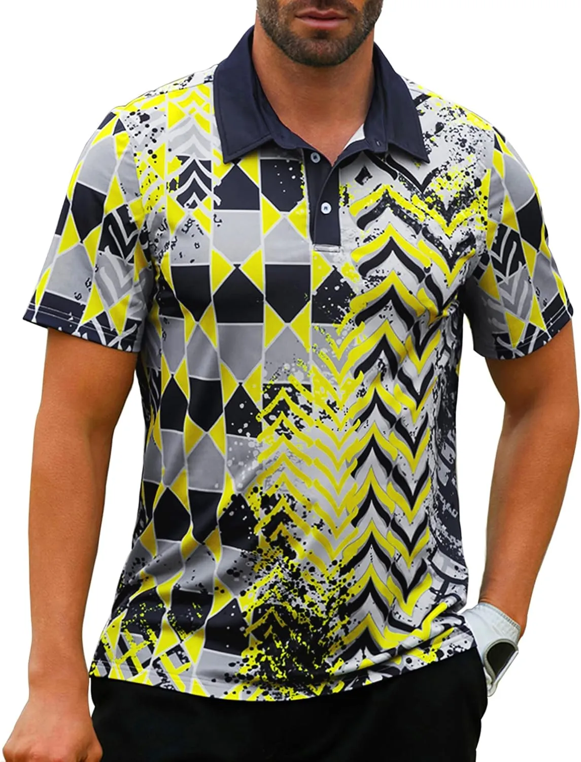 Mens Golf Shirts Short Sleeve Print Gradient Moisture Wicking Quick Dry Performance Polo Golf Shirt