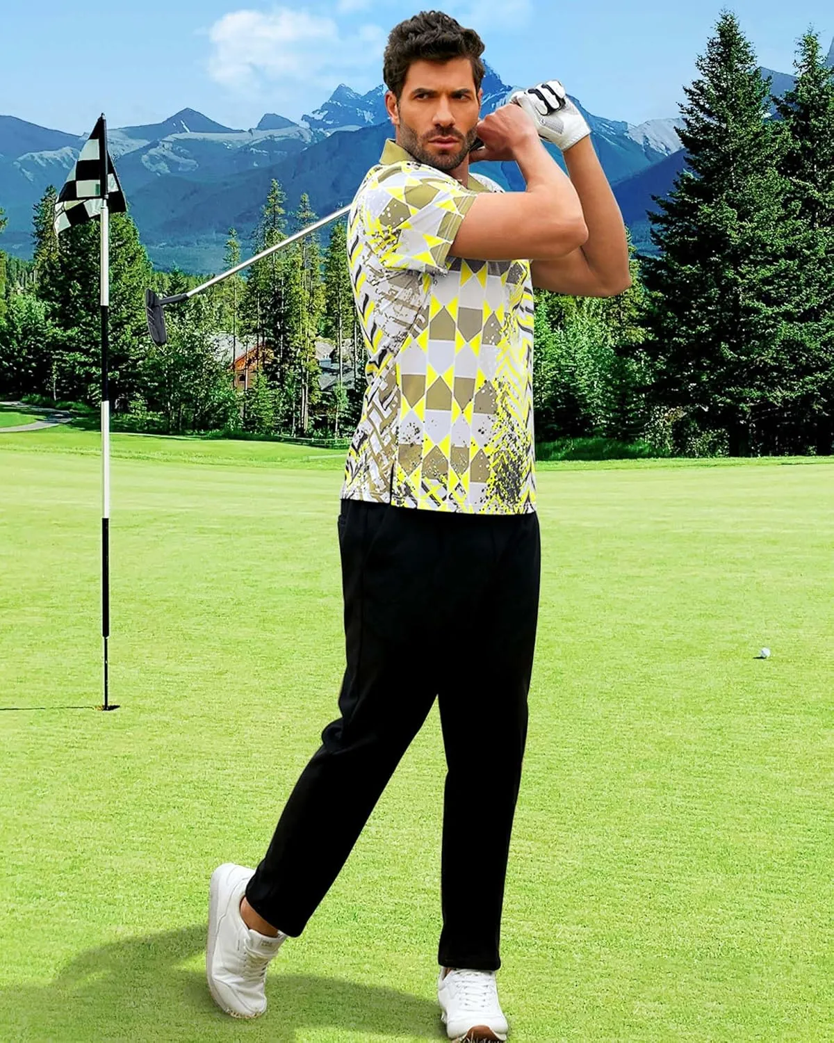 Mens Golf Shirts Short Sleeve Print Gradient Moisture Wicking Quick Dry Performance Polo Golf Shirt