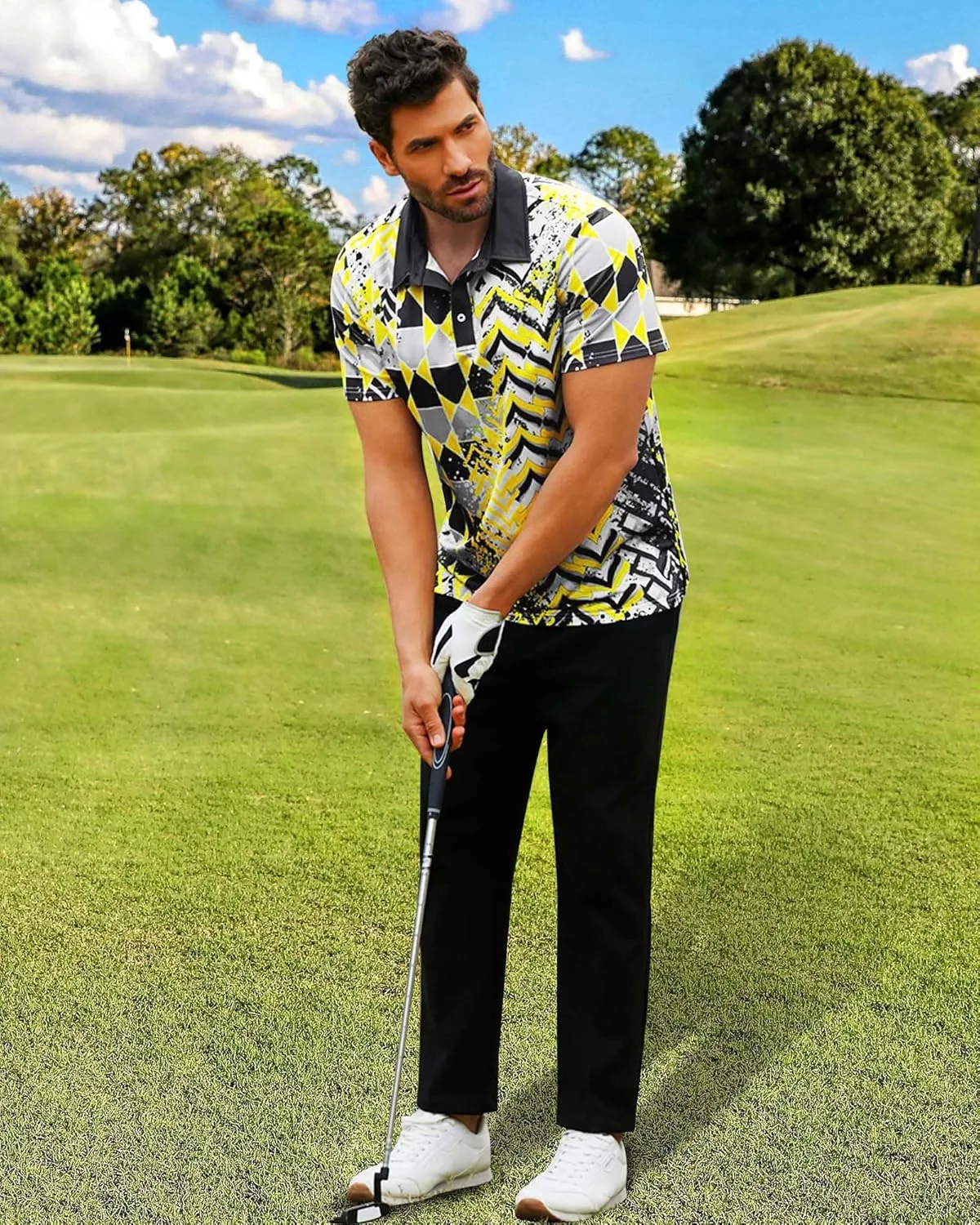Mens Golf Shirts Short Sleeve Print Gradient Moisture Wicking Quick Dry Performance Polo Golf Shirt