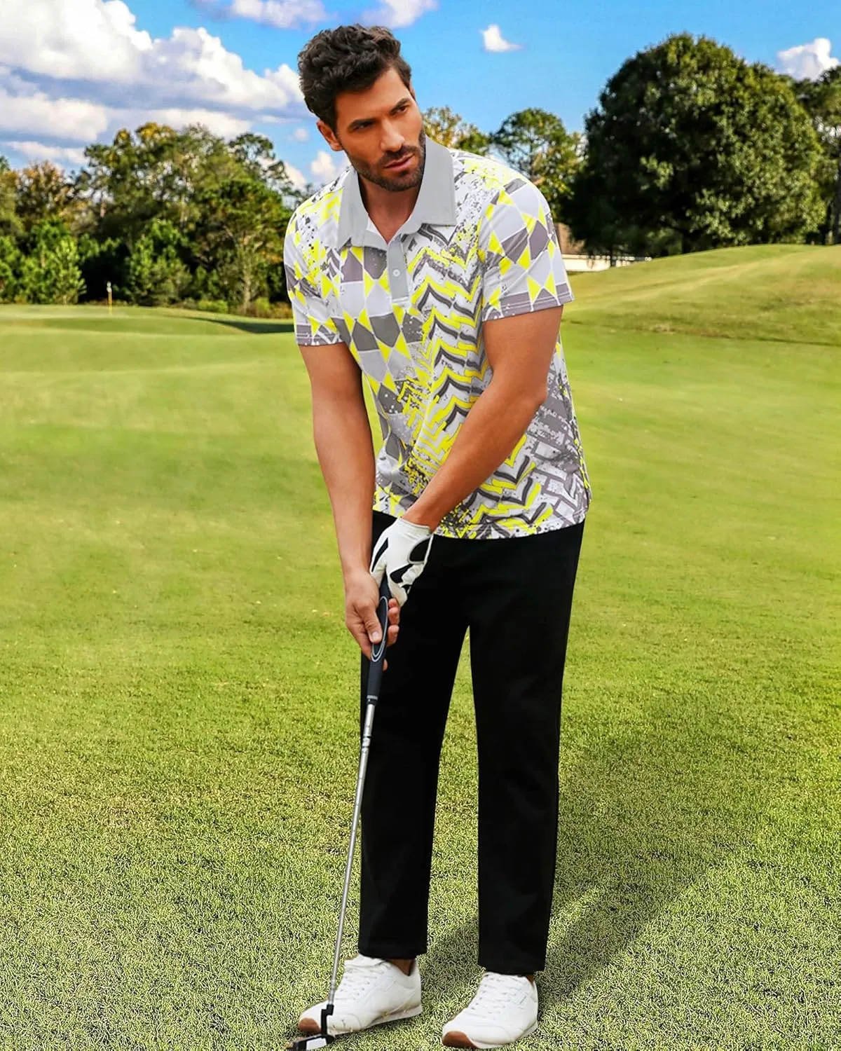 Mens Golf Shirts Short Sleeve Print Gradient Moisture Wicking Quick Dry Performance Polo Golf Shirt
