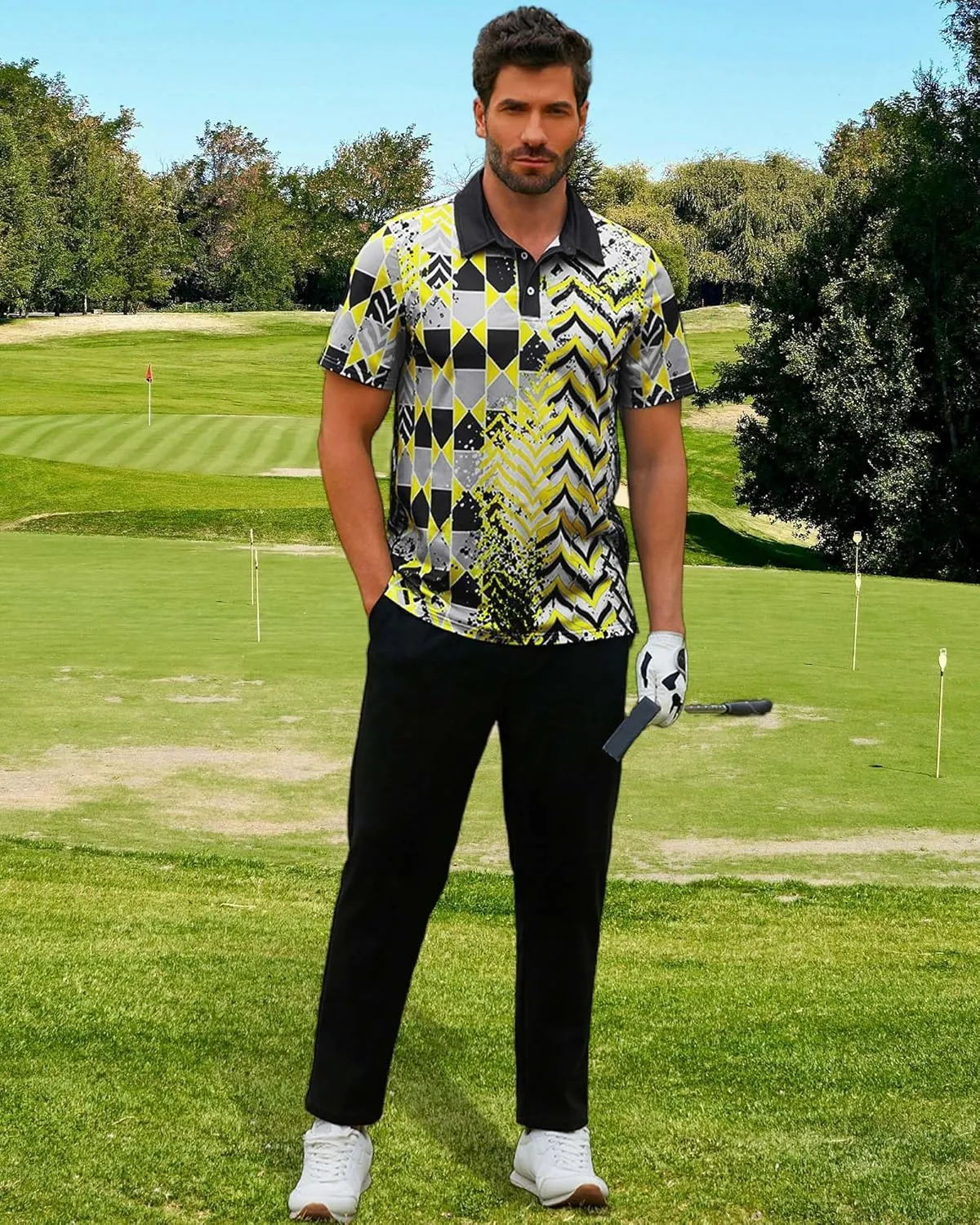 Mens Golf Shirts Short Sleeve Print Gradient Moisture Wicking Quick Dry Performance Polo Golf Shirt