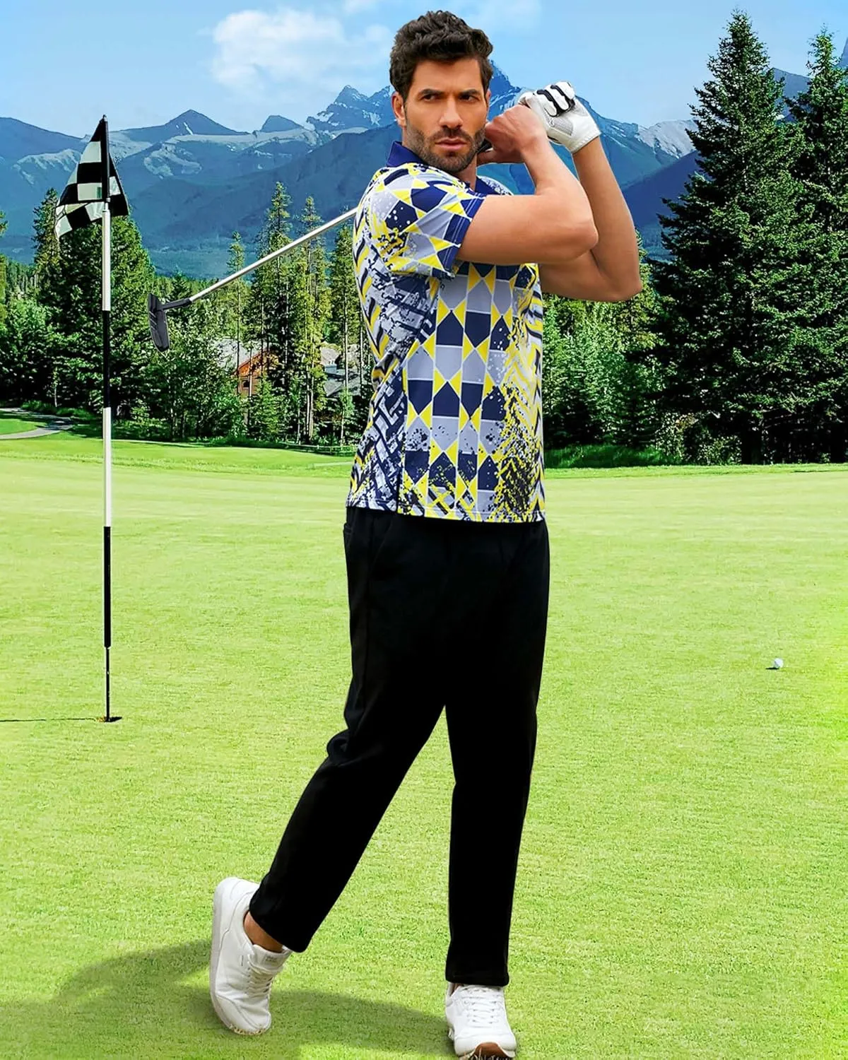 Mens Golf Shirts Short Sleeve Print Gradient Moisture Wicking Quick Dry Performance Polo Golf Shirt