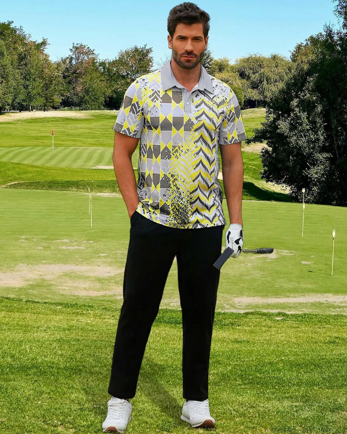 Mens Golf Shirts Short Sleeve Print Gradient Moisture Wicking Quick Dry Performance Polo Golf Shirt