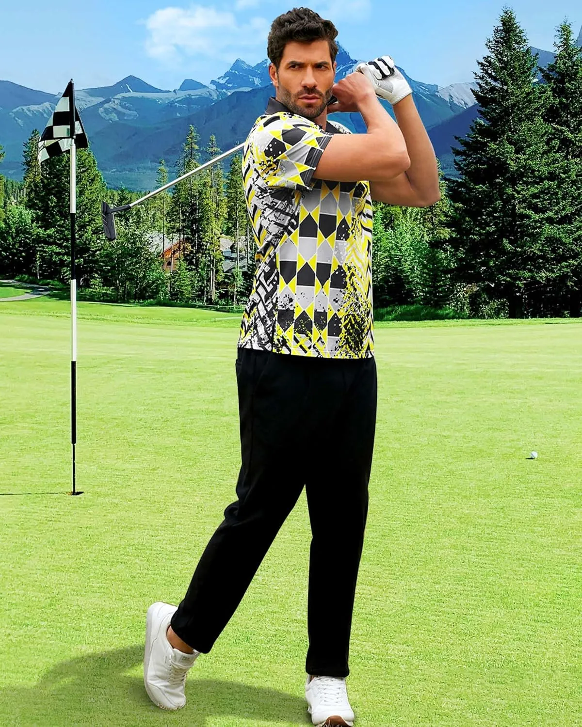 Mens Golf Shirts Short Sleeve Print Gradient Moisture Wicking Quick Dry Performance Polo Golf Shirt