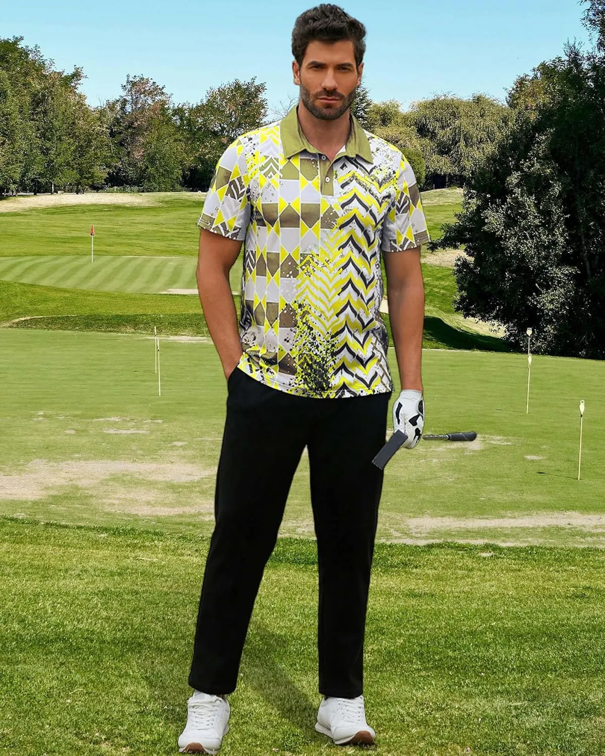 Mens Golf Shirts Short Sleeve Print Gradient Moisture Wicking Quick Dry Performance Polo Golf Shirt