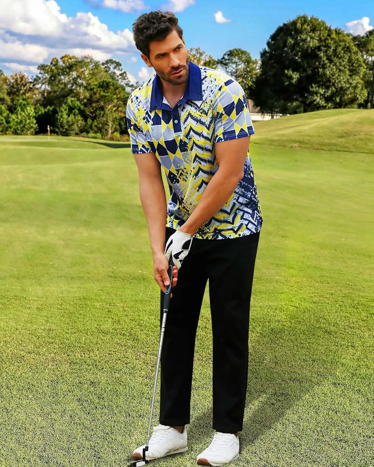 Mens Golf Shirts Short Sleeve Print Gradient Moisture Wicking Quick Dry Performance Polo Golf Shirt