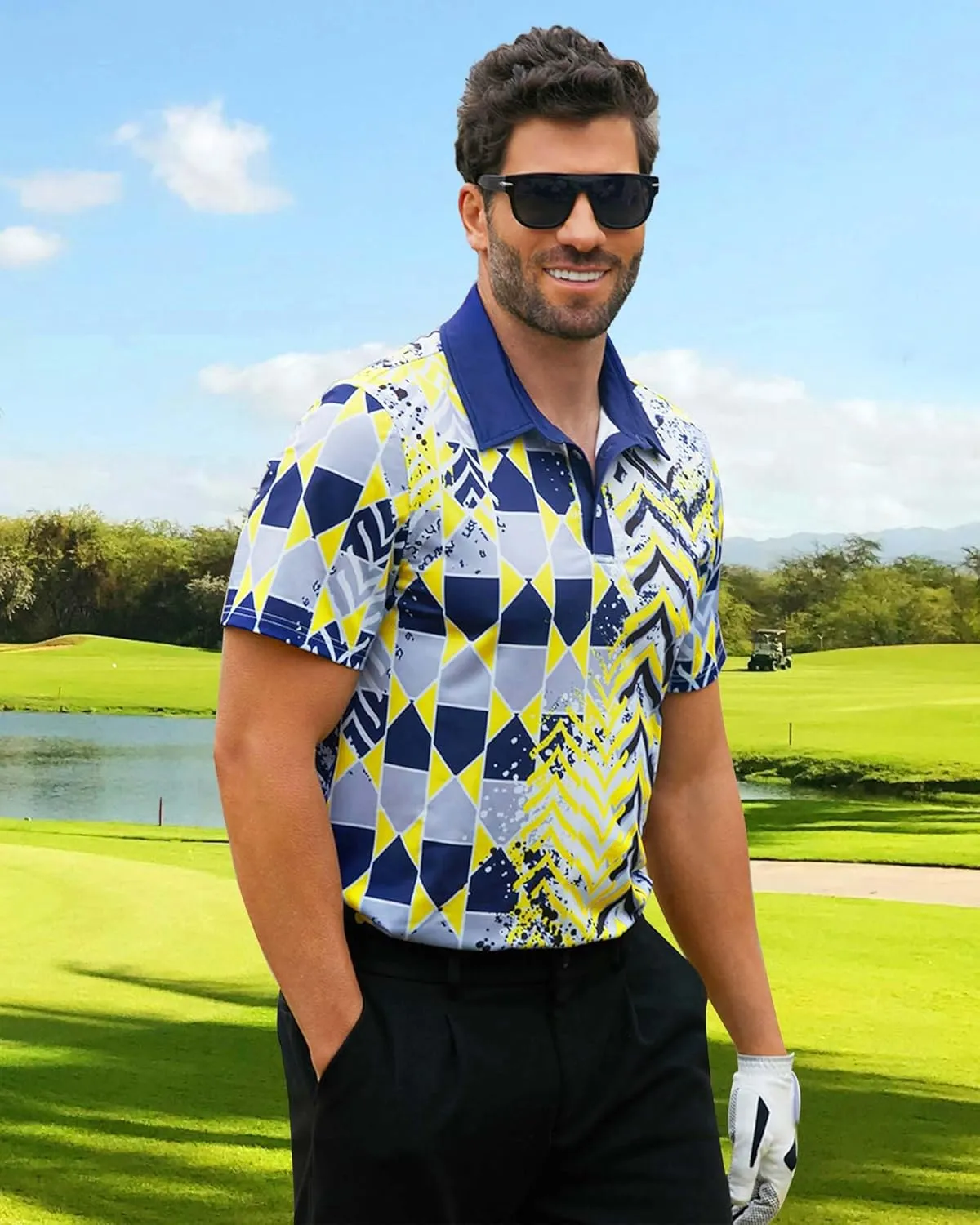 Mens Golf Shirts Short Sleeve Print Gradient Moisture Wicking Quick Dry Performance Polo Golf Shirt