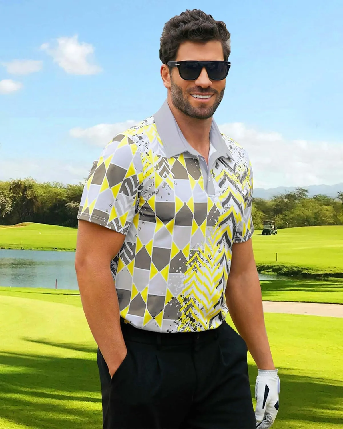 Mens Golf Shirts Short Sleeve Print Gradient Moisture Wicking Quick Dry Performance Polo Golf Shirt