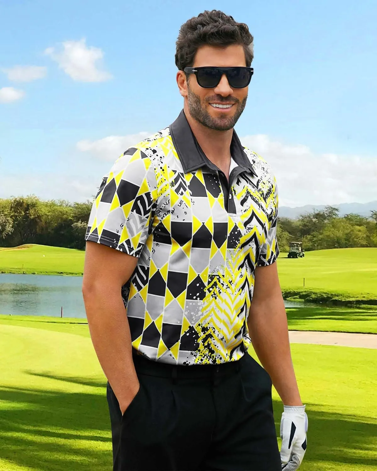Mens Golf Shirts Short Sleeve Print Gradient Moisture Wicking Quick Dry Performance Polo Golf Shirt