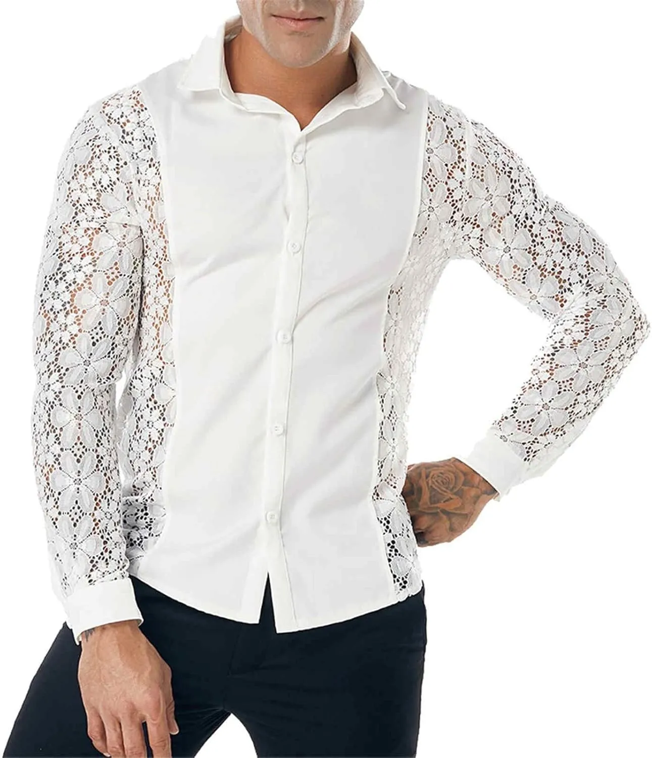 Mens Lace Rose Crochet Shirts See Through Long Sleeve Button Down Slim Fit Floral Shirts Sexy Mesh Muscle Tops