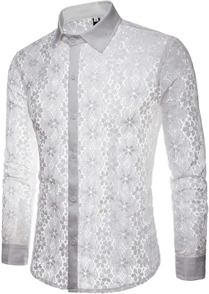 Mens Lace Rose Crochet Shirts See Through Long Sleeve Button Down Slim Fit Floral Shirts Sexy Mesh Muscle Tops