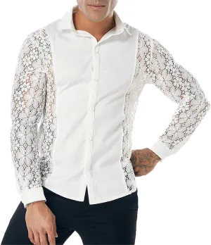 Mens Lace Rose Crochet Shirts See Through Long Sleeve Button Down Slim Fit Floral Shirts Sexy Mesh Muscle Tops