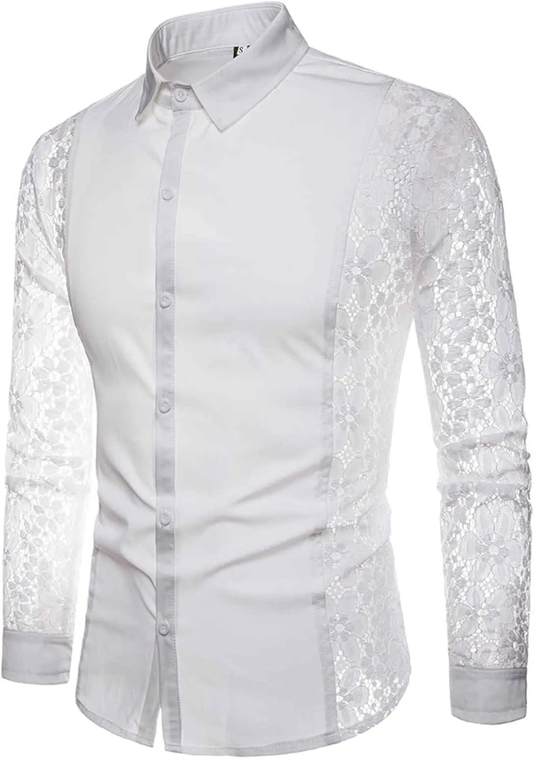 Mens Lace Rose Crochet Shirts See Through Long Sleeve Button Down Slim Fit Floral Shirts Sexy Mesh Muscle Tops